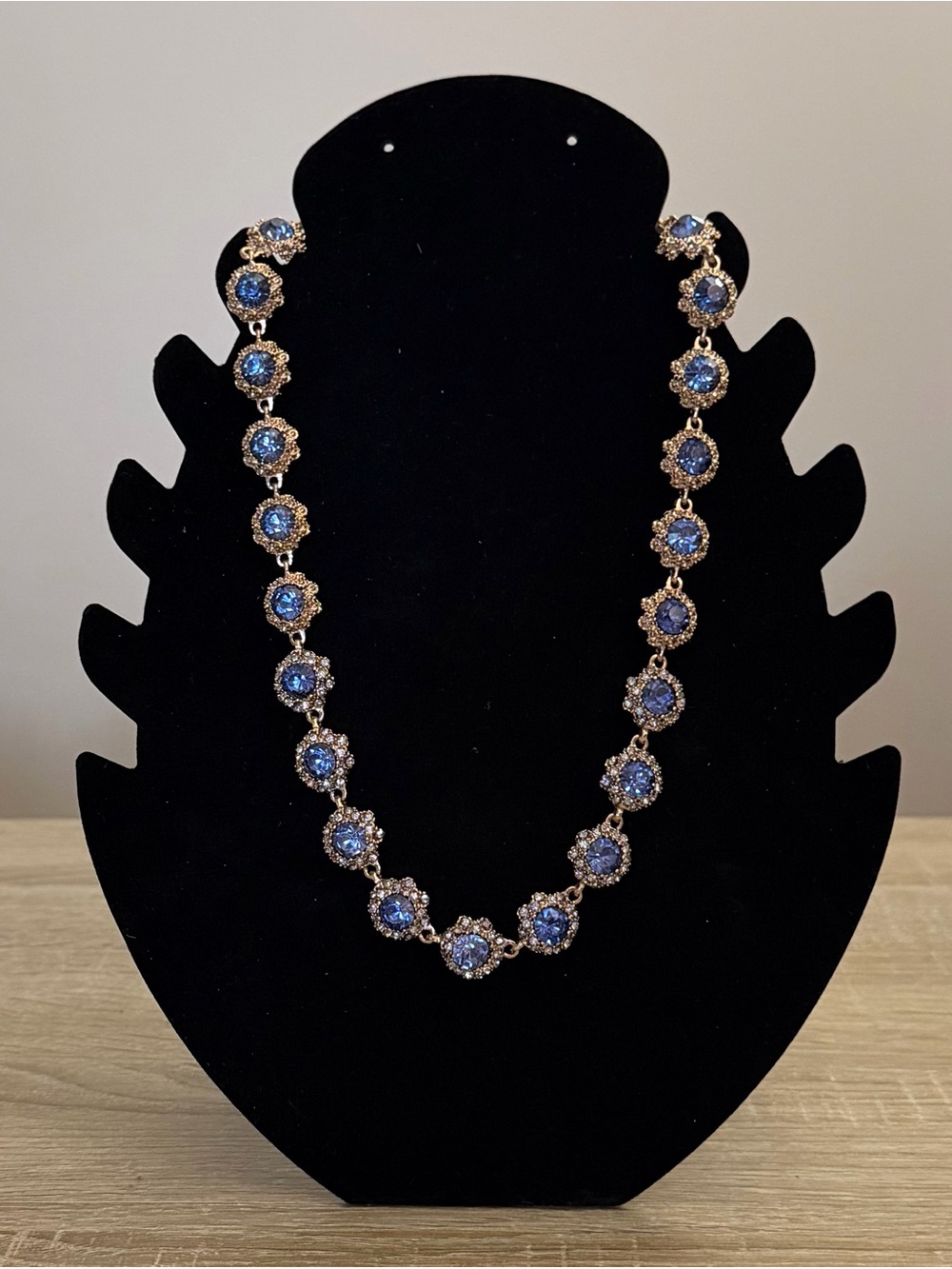 Blue Crystal Statement Necklace Gold Tone Glam Jewelry NWT